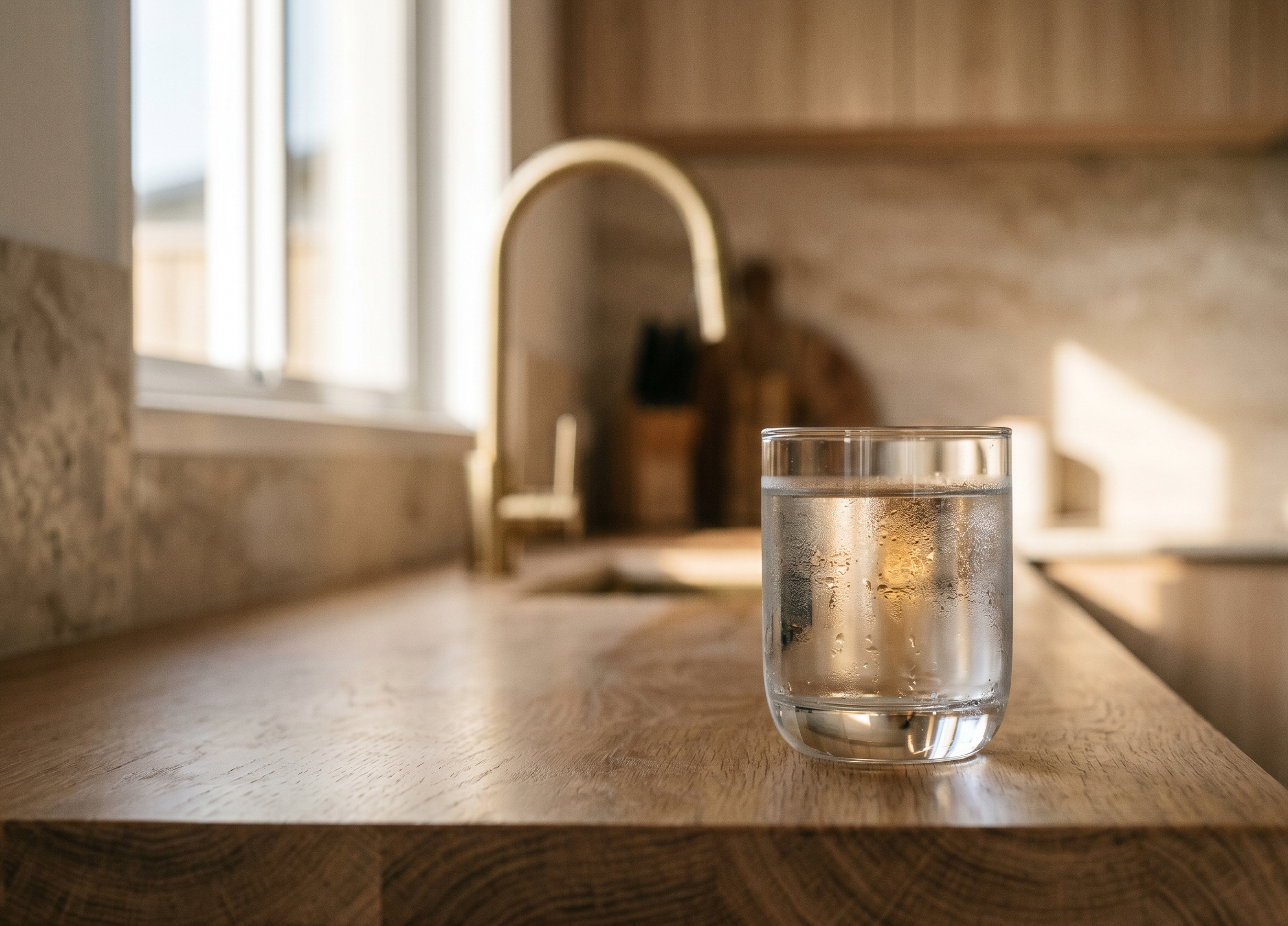 Brass tap running water into a modern kitchen sink
