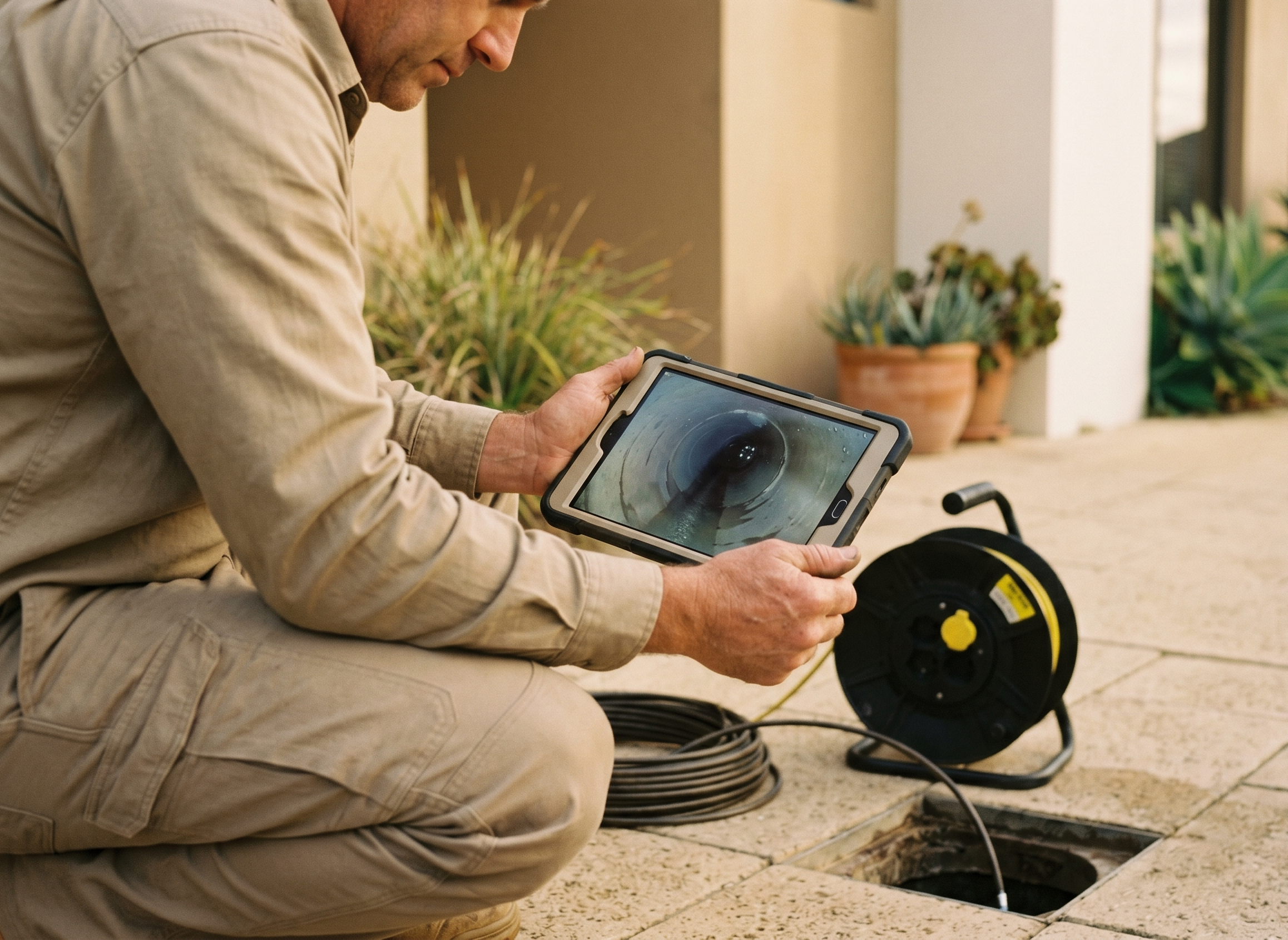 Plumber using a tablet while servicing equipment outside a home
