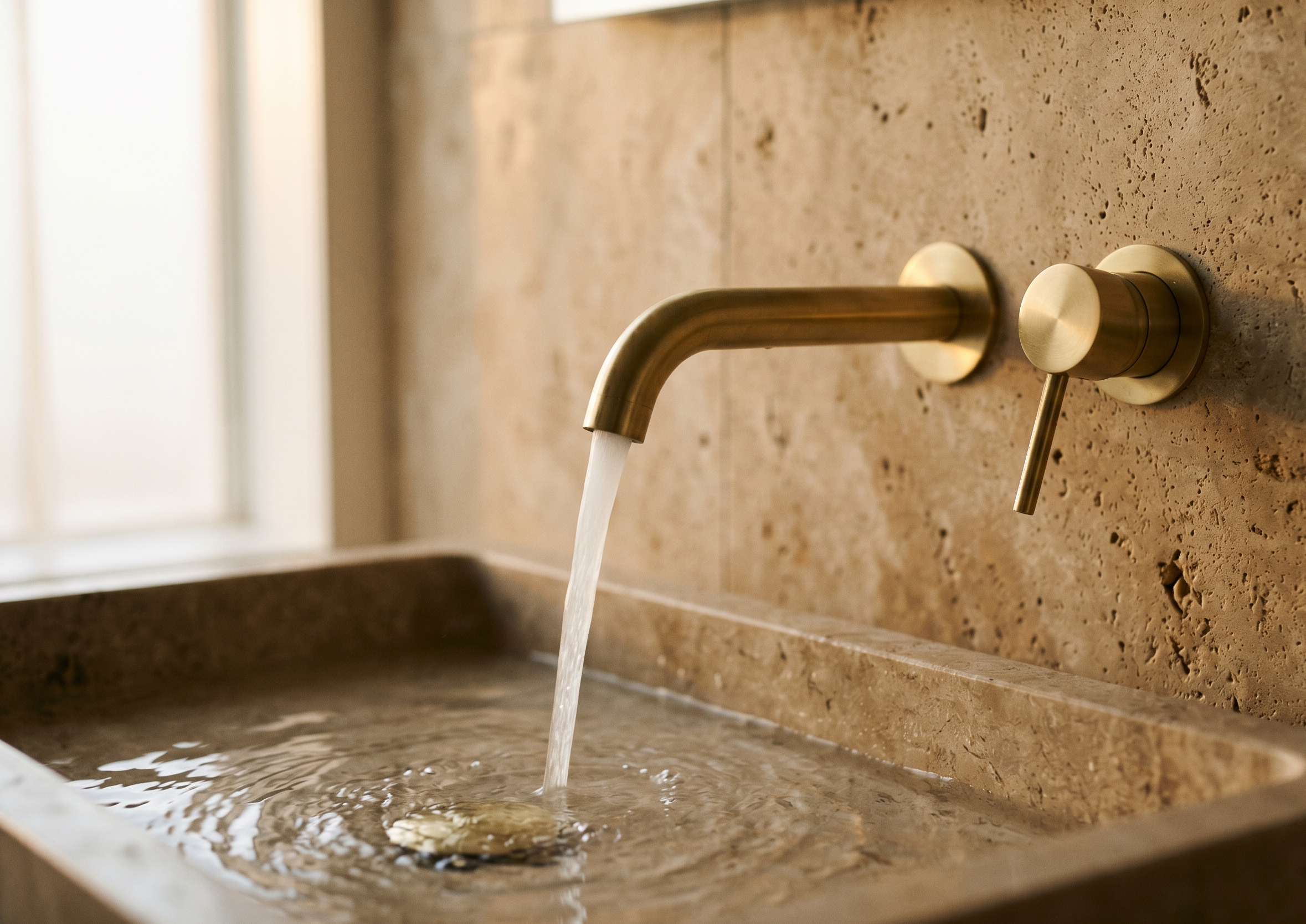 Water running from a wall-mounted tap into a travertine basin (Fix-it-once.png — currently selected)