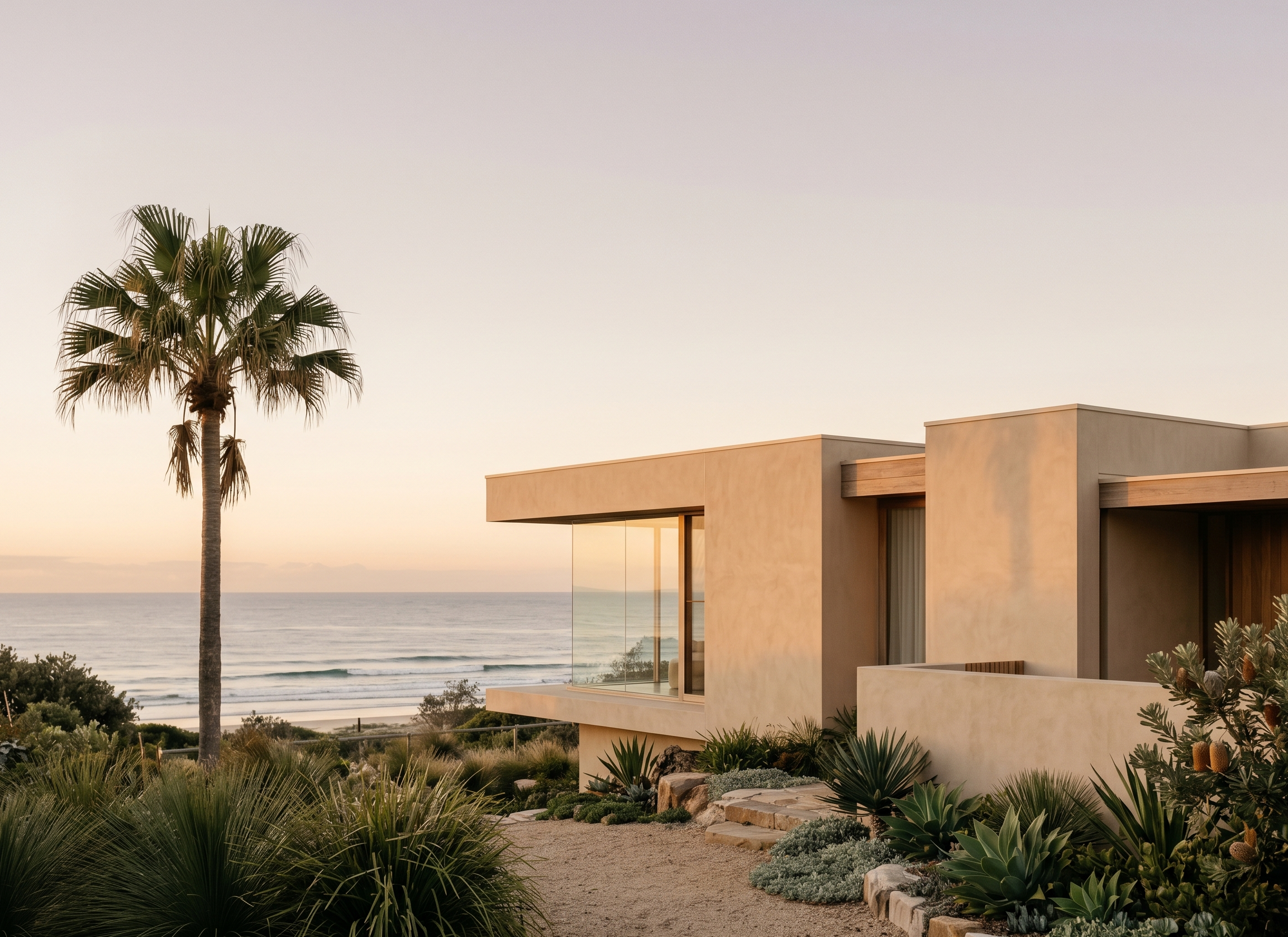 Coastal home at sunset with palm trees