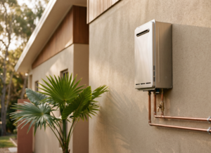 Plumber servicing a wall-mounted hot water system