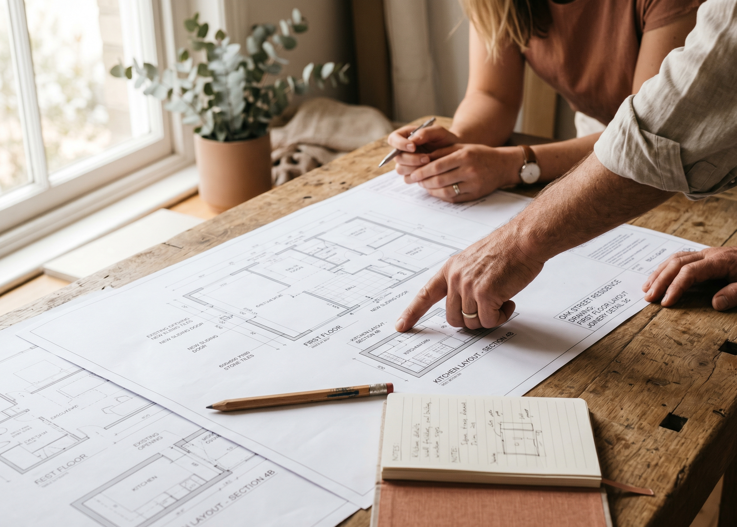 Hands reviewing architectural plans on a desk with plants