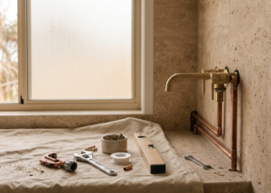 Plumber working on a bathroom basin near a window
