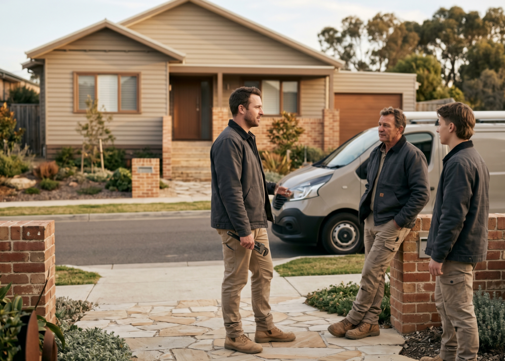 Two Sunday Plumbing team members standing beside the company van