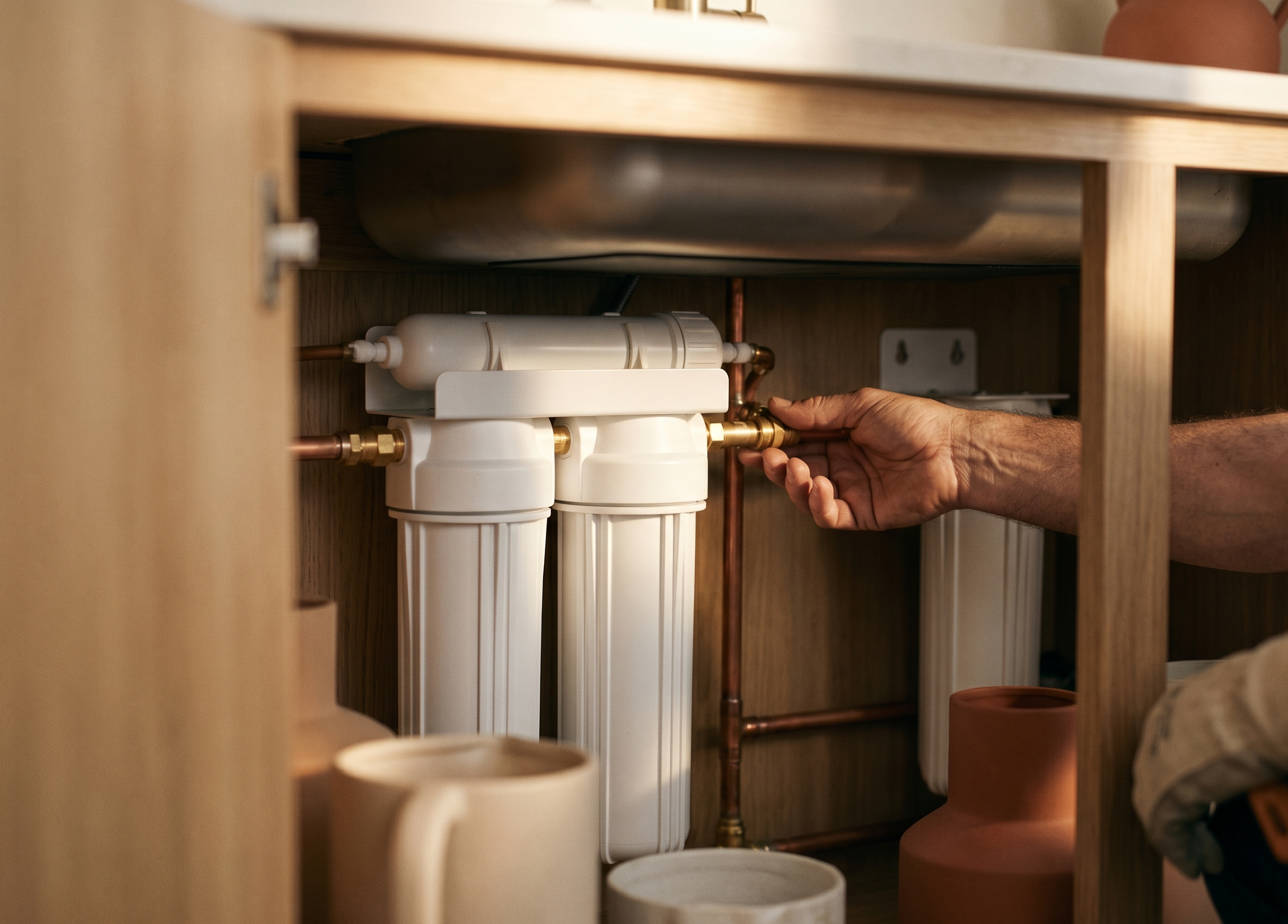 Plumber installing a water filtration system under a sink